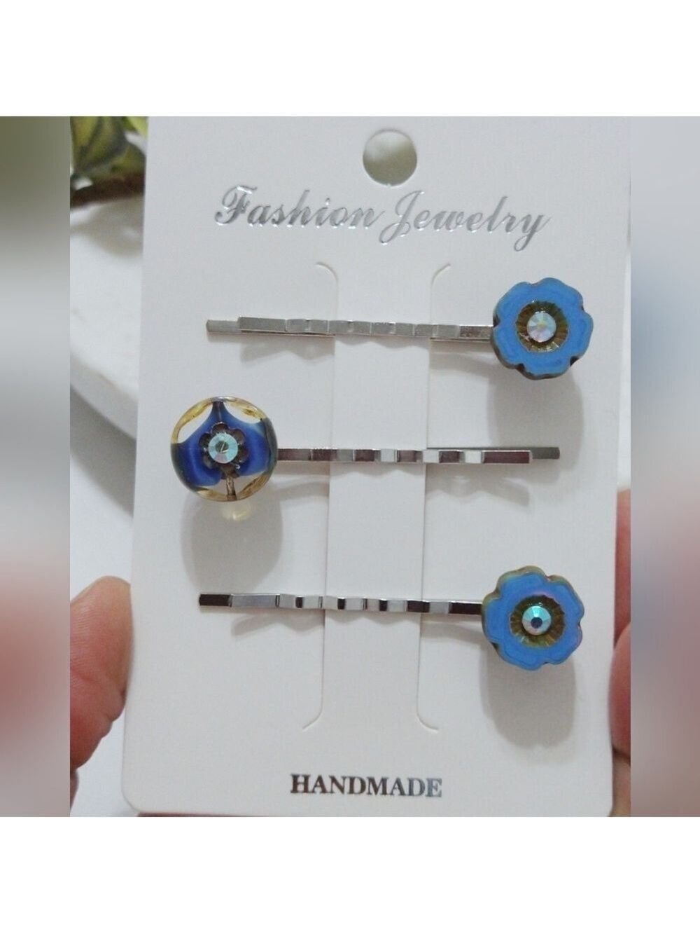Floral Boho Rhinestone Czech Glass Blue Bead Hair Pin Set - Picture 4 of 8